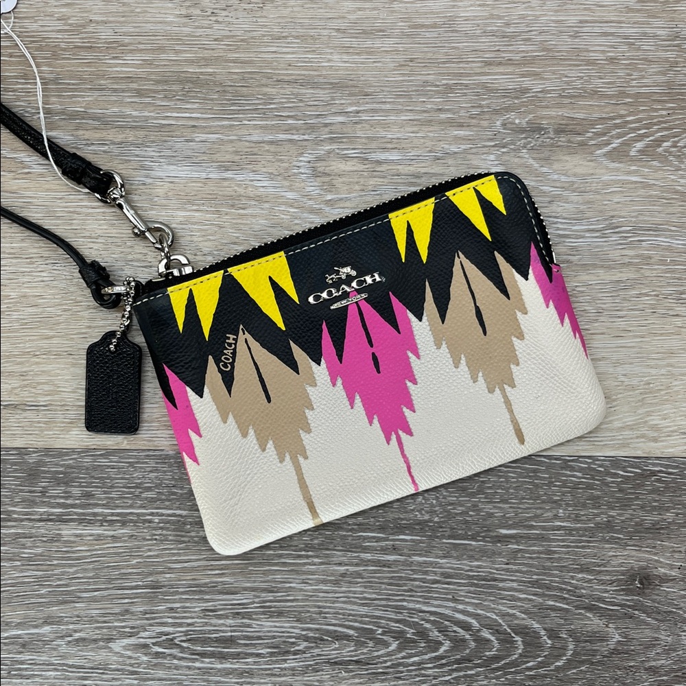Coach Multicolor Graphic Zip Wristlet - Black, White, Pink, Yellow, Tan